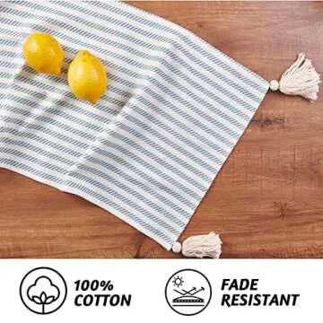 Folkulture Table Runner with Tassels for Home Dining Table, Farmhouse Style Décor or Kitchen, 100% Cotton Linen, Greyish-Blue Boho Table Decor, 14 x 72 inch Long Centerpieces for Table