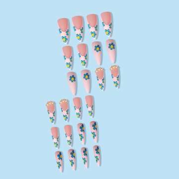 MISUD Almond Pink French Tip Acrylic Nails 24 pcs (12 Sizes) Matte Press-on Nails with Daisy Flower Design