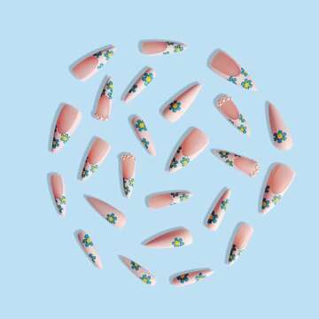 MISUD Almond Pink French Tip Acrylic Nails 24 pcs (12 Sizes) Matte Press-on Nails with Daisy Flower Design