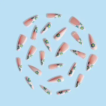 MISUD Almond Pink French Tip Acrylic Nails 24 pcs (12 Sizes) Matte Press-on Nails with Daisy Flower Design