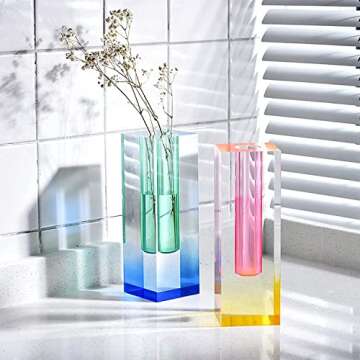 GOKING Crystal Glass Flower Vases Set for Modern Decor, 2 PCS Colorful Centerpiece Table Decorations, Acrylic Small Minimalist Dining Room Decor Clear Vase, for Home, Office, Wedding Decor-Ideal Gift