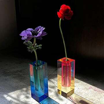 GOKING Crystal Glass Flower Vases Set for Modern Decor, 2 PCS Colorful Centerpiece Table Decorations, Acrylic Small Minimalist Dining Room Decor Clear Vase, for Home, Office, Wedding Decor-Ideal Gift