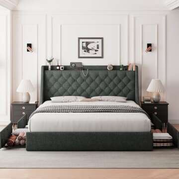 Feonase Upholstered King Size Bed Frame with 4 Storage Drawers, Charging Station and Tufted Wingback Storage Headboard, No Box Spring Needed, Easy Assembly, Dark Grey