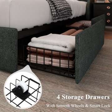 Feonase Upholstered King Size Bed Frame with 4 Storage Drawers, Charging Station and Tufted Wingback Storage Headboard, No Box Spring Needed, Easy Assembly, Dark Grey