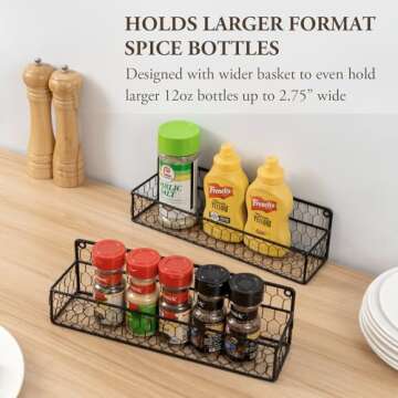 MyGift Wall Mountable Spice Rack Shelf Organizer, 12-Inch Black Chicken Wire Hanging Kitchen Seasoni...