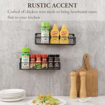 MyGift Wall Mountable Spice Rack Shelf Organizer, 12-Inch Black Chicken Wire Hanging Kitchen Seasoning Condiment Storage Display Rack, Set of 2