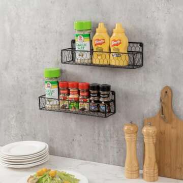 MyGift Wall Mountable Spice Rack Shelf Organizer, 12-Inch Black Chicken Wire Hanging Kitchen Seasoning Condiment Storage Display Rack, Set of 2