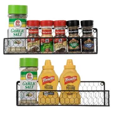 MyGift Wall Mountable Spice Rack Shelf Organizer, 12-Inch Black Chicken Wire Hanging Kitchen Seasoning Condiment Storage Display Rack, Set of 2