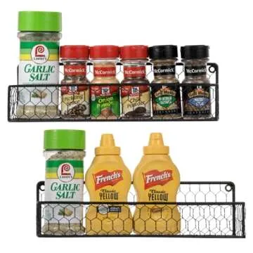 MyGift Wall Mountable Spice Rack Shelf Organizer, 12-Inch Black Chicken Wire Hanging Kitchen Seasoning Condiment Storage Display Rack, Set of 2