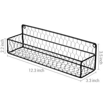 MyGift Wall Mountable Spice Rack Shelf Organizer, 12-Inch Black Chicken Wire Hanging Kitchen Seasoning Condiment Storage Display Rack, Set of 2