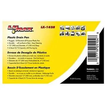LUMAX LX-1628 Black 6 Quart Plastic Drain Pan. to Collect The Oil in Oil Changes. The Rugged, Oil Resistant All-Purpose Plastic Pan Will not Rust or Dent. Easy Cleaning.