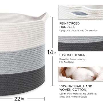 MXMHOME Large Cotton Woven Basket,22"x22"x14" Rope Basket for Living Room Baby Laundry Basket with H...