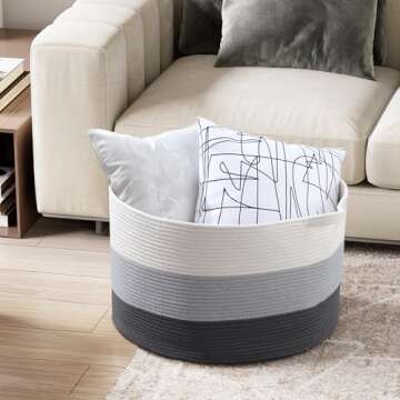 MXMHOME Large Cotton Woven Basket,22"x22"x14" Rope Basket for Living Room Baby Laundry Basket with Handle Nursery Basket Soft Toy Storage Basket Comfoter Cushions Thread Hamper