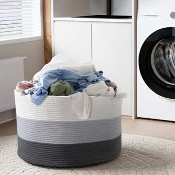 MXMHOME Large Cotton Woven Basket,22"x22"x14" Rope Basket for Living Room Baby Laundry Basket with Handle Nursery Basket Soft Toy Storage Basket Comfoter Cushions Thread Hamper