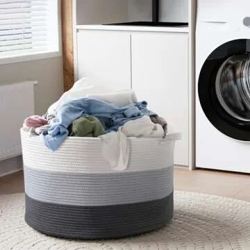 MXMHOME Large Cotton Woven Basket,22"x22"x14" Rope Basket for Living Room Baby Laundry Basket with Handle Nursery Basket Soft Toy Storage Basket Comfoter Cushions Thread Hamper