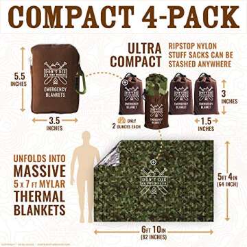 Don't Die In The Woods - Freakin’ Huge Emergency Blankets [4-Pack] Extra-Large Thermal Mylar Space Blankets with Ripstop Nylon Stuff Sacks + Carabiner Zipper Pack [Woodland Camo]