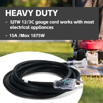 Ultra Explorer Outdoor Extension Cord with Lighted End Yellow/Black/Blue/Pink - 12/3 Gauge Heavy Duty Extension Cord, 3 Prong Grounded Power Extension Cord, 15 AMP, SJTW