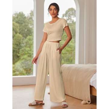 Ekouaer Women's 2 Piece Lounge Sets Short Sleeve Pajama Set Ribbed Knit Crop Top Wide Leg Pants Loungewear,Khaki,XL
