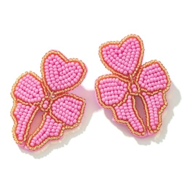 Beaded Bow Dangle Earrings - Boho Statement Bow Drop earrings for party or wedding (PINK)