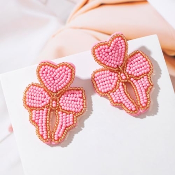 Beaded Bow Dangle Earrings - Boho Statement Bow Drop earrings for party or wedding (PINK)