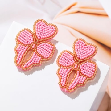 Beaded Bow Dangle Earrings - Boho Statement Bow Drop earrings for party or wedding (PINK)
