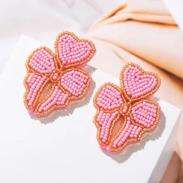 Beaded Bow Dangle Earrings - Boho Statement Bow Drop earrings for party or wedding (PINK)