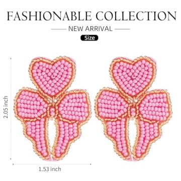 Beaded Bow Dangle Earrings - Boho Statement Bow Drop earrings for party or wedding (PINK)