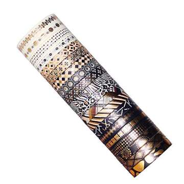 YUBBAEX 10 Rolls Washi Tape Set Black Gold Foil Print Decorative Tapes for Arts, DIY Crafts, Bullet Journals, Planners, Scrapbook, Wrapping (15mm) (Skinny Black Gold x 20 Rolls)