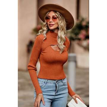 PRETTYGARDEN Women's 2024 Fashion Fall Clothes 2 Piece Cutout Tops Long Sleeve Mock Neck Rib Knit Winter Pullover Sweater (Rust Red,Medium)