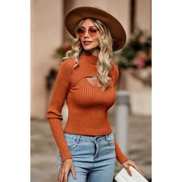 PRETTYGARDEN Women's 2024 Fashion Fall Clothes 2 Piece Cutout Tops Long Sleeve Mock Neck Rib Knit Winter Pullover Sweater (Rust Red,Medium)