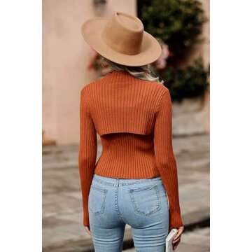 PRETTYGARDEN Women's 2024 Fashion Fall Clothes 2 Piece Cutout Tops Long Sleeve Mock Neck Rib Knit Winter Pullover Sweater (Rust Red,Medium)