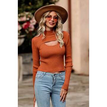 PRETTYGARDEN Women's 2024 Fashion Fall Clothes 2 Piece Cutout Tops Long Sleeve Mock Neck Rib Knit Winter Pullover Sweater (Rust Red,Medium)