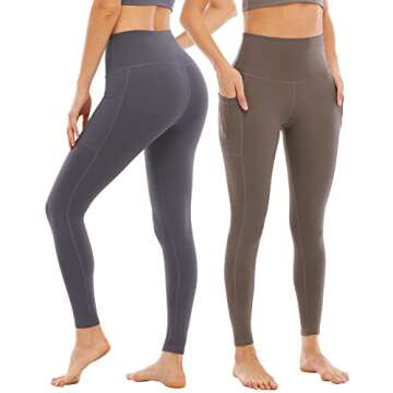 YOUNGCHARM 4 Pack Leggings with Pockets for Women,High Waist Tummy Control Workout Yoga Pants BlackDGrayNavyBrown-M