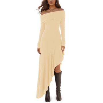 Fisoew Womens Off The Shoulder Long Sleeve Maxi Dress Fall Casual Ruffle Irregular Hem Wedding Guest...