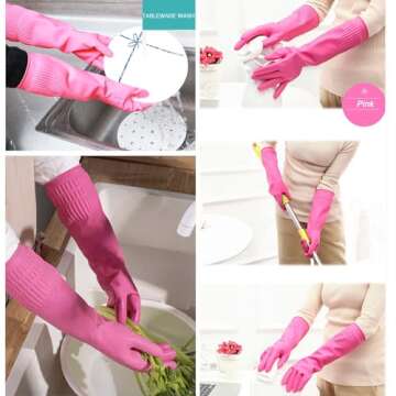 Bamllum 3 Pairs of Rubber Dishwashing Gloves for Kitchen and Household Cleaning – Long Cuff 15", Reusable, Flexible Long-lasting and Non-Slip (Red+Yellow+Green, Medium)