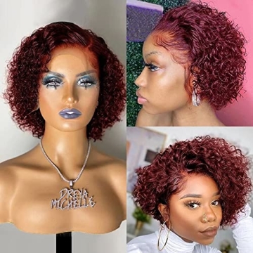 QTIKER 99J Pixie Cut Curly Short Pre Styled Bob Wig Ombre Blonde Burgundy Ginger Hair Glueless Brazi...
