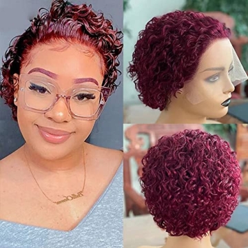 QTIKER Ombre Burgundy Ginger Pixie Cut Curly Wig