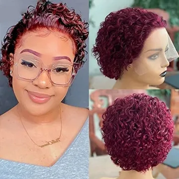QTIKER Ombre Burgundy Ginger Pixie Cut Curly Wig