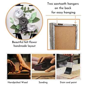 Besuerte HOME Sign Wall Decor, Modern Farmhouse Hanging Wall Art Plaque Gallery with Felt Flower for Letter O for Living Room, Entry, Dining Room Decor, Rustic Brown