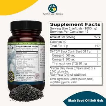 Amazing Herbs Premium Black Seed Oil Capsules - Gluten Free, Non GMO, Cold Pressed Nigella Sativa Ai...
