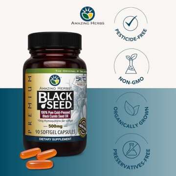 Amazing Herbs Premium Black Seed Oil Capsules - Gluten Free, Non GMO, Cold Pressed Nigella Sativa Aids in Digestive Health, Immune Support, Brain Function - 90 Count, 500mg (Pack of 2)