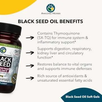 Amazing Herbs Premium Black Seed Oil Capsules - Gluten Free, Non GMO, Cold Pressed Nigella Sativa Aids in Digestive Health, Immune Support, Brain Function - 90 Count, 500mg (Pack of 2)