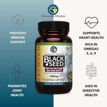 Amazing Herbs Premium Black Seed Oil Capsules - Gluten Free, Non GMO, Cold Pressed Nigella Sativa Aids in Digestive Health, Immune Support, Brain Function - 90 Count, 500mg (Pack of 2)