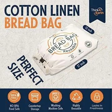 THINK4EARTH® – Cotton Linen Bread Bag Organic - Reusable bread bags for homemade bread gift giving - Bread Container for large Sourdough Loafs – Counter Top Cloth Bread Storage and Transport Solution.