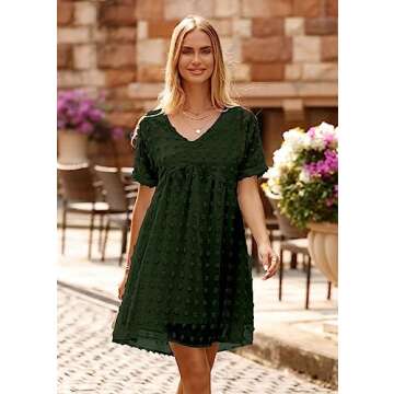 KIRUNDO Womens Summer Dresses 2024 Casual V Neck Short Sleeve Swiss Dot Ruffle Loose Flowy Mini Babydoll Dress Maternity Dress (Army Green, X-Large)