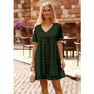 KIRUNDO Womens Summer Dresses 2024 Casual V Neck Short Sleeve Swiss Dot Ruffle Loose Flowy Mini Babydoll Dress Maternity Dress (Army Green, X-Large)