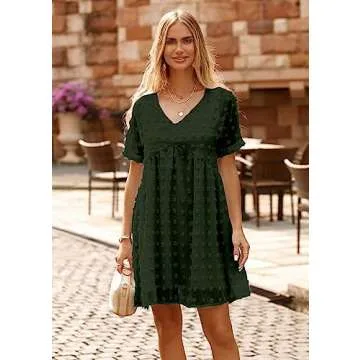 KIRUNDO Womens Summer Dresses 2024 Casual V Neck Short Sleeve Swiss Dot Ruffle Loose Flowy Mini Babydoll Dress Maternity Dress (Army Green, X-Large)