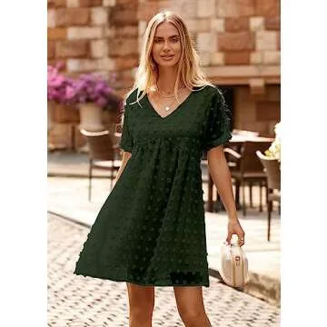 KIRUNDO Womens Summer Dresses 2024 Casual V Neck Short Sleeve Swiss Dot Ruffle Loose Flowy Mini Babydoll Dress Maternity Dress (Army Green, X-Large)