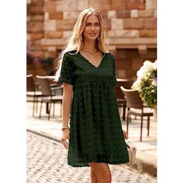 KIRUNDO Womens Summer Dresses 2024 Casual V Neck Short Sleeve Swiss Dot Ruffle Loose Flowy Mini Babydoll Dress Maternity Dress (Army Green, X-Large)