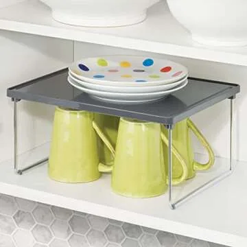 mDesign Metal Stacking Storage Organization for Shelves Inside Closet in Bedroom, Bathroom, Hall, Entryway - Organizer Stand for Clothing, Linen, Household Items, Ligne Collection, 4 Pack, Dark Gray